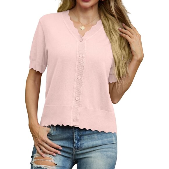 Grecerelle Women Pink Open Front Button Down Short Sleeve Lightweight Sweater - Picture 2 of 5